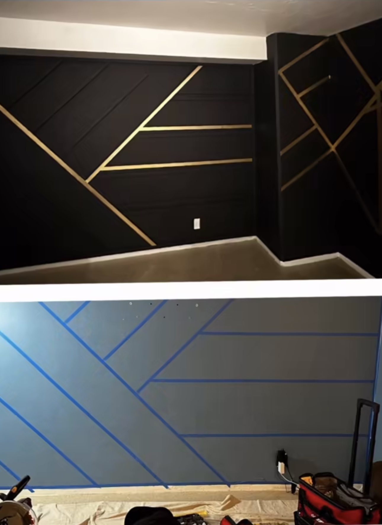 Black + gold geometric accent wall — stairwell feature